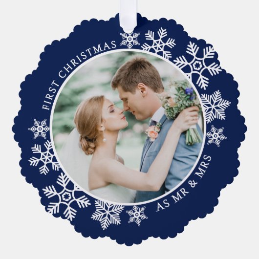 Navy Blue First Christmas Mr. und Mrs. Foto Ornament Karte (Vorderseite)