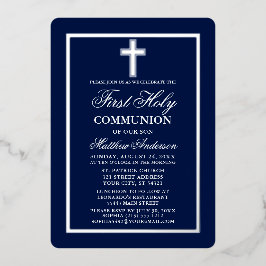 Navy Blue First Heilige Kommune Kreuz Silver Folieneinladung