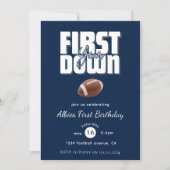 Navy Blue "First Year Down" Football Birthday Einladung (Vorderseite)
