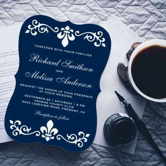 Navy Blue Fleur De Lis Flourish Wedding Invitation Einladung