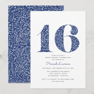 Navy Blue Floral 16 . Geburtstag Geburtstag Einladung