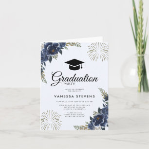 Navy Blue Floral Abschluss Graduation Cap Party Einladung