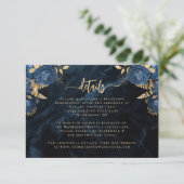 Navy Blue Floral Agate Gold Script Wedding Details Begleitkarte (Stehend Vorderseite)