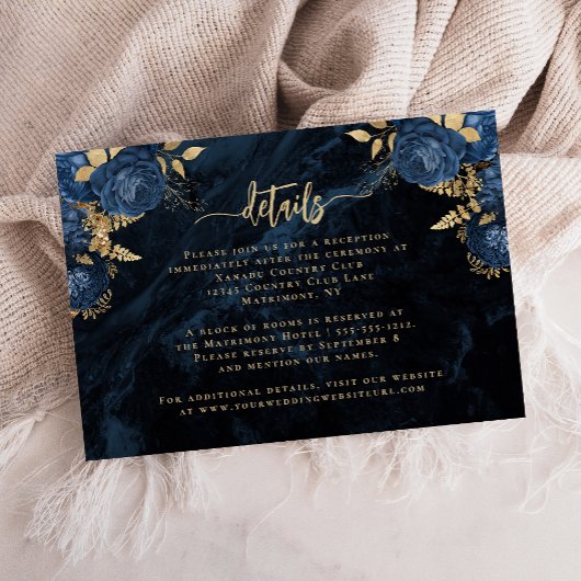 Navy Blue Floral Agate Gold Script Wedding Details Begleitkarte