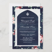 Navy Blue Floral Anand Karaj Punjabi Sikh Wedding Einladung (Vorderseite)