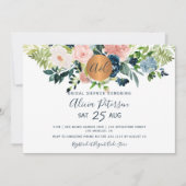 Navy Blue Floral Aquarell Monogram Brautparty Einladung (Vorderseite)