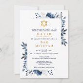 Navy Blue Floral Botanische Bar Mitzvah Bat Mitzva Einladung (Vorderseite)