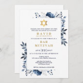 Navy Blue Floral Botanische Bar Mitzvah Bat Mitzva Einladung (Vorne/Hinten)