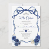 Navy Blue Floral Bow Rahmen Silver Crown Mis Quinc Einladung (Vorderseite)