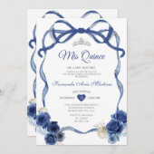Navy Blue Floral Bow Rahmen Silver Crown Mis Quinc Einladung (Vorne/Hinten)
