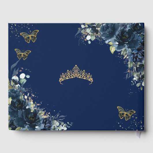 Navy Blue Floral Butterfells QUINCEAÑERA Mis XV Gästebuch (Rückseite)