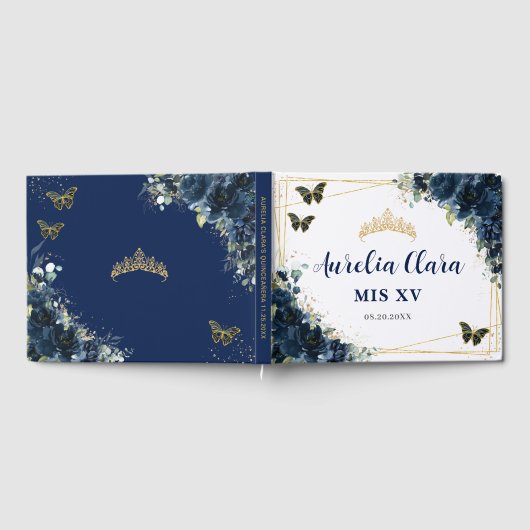Navy Blue Floral Butterfells QUINCEAÑERA Mis XV Gästebuch (Voll)