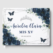 Navy Blue Floral Butterflies Silver Quinceanera 15 Gästebuch (Vorderseite)