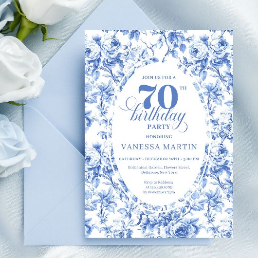Navy Blue Floral Chic 70th Birthday Invitation Einladung