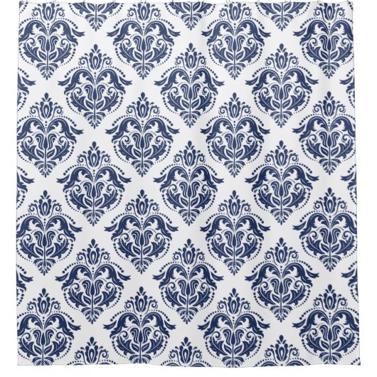 Navy Blue Floral Damaskus WhiteBackground Duschvorhang (Vorderseite)