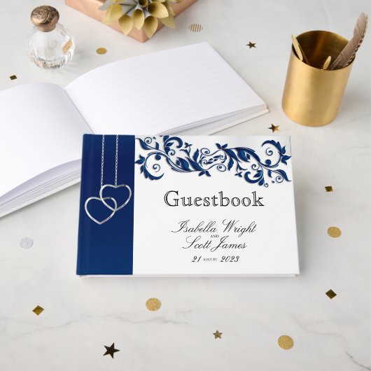 Navy Blue Floral Design - Gästebuch (Vorderseite Offen)