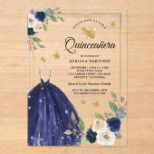 Navy Blue Floral Dress Butterfly Gold Quinceanera Acryleinladungen (Vorderseite)