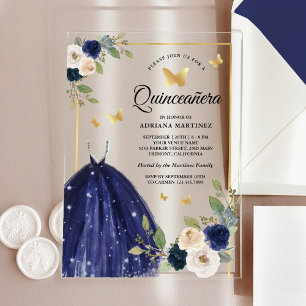 Navy Blue Floral Dress Butterfly Gold Quinceanera Acryleinladungen