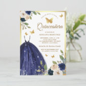 Navy Blue Floral Dress Butterfly Gold Quinceanera Einladung (Stehend Vorderseite)