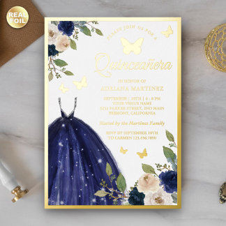 Navy Blue Floral Dress Butterfly Quinceanera Gold Folieneinladung