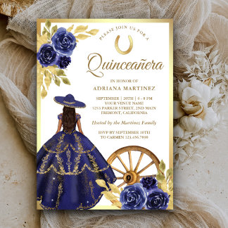 Navy Blue Floral Dress Charro Gold Quinceanera Einladung