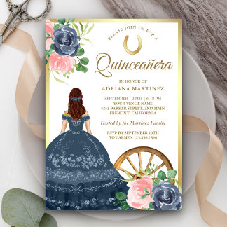Navy Blue Floral Dress Charro Gold Quinceanera Einladung