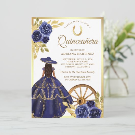 Navy Blue Floral Dress Charro Gold Quinceanera Einladung (Stehend Vorderseite)