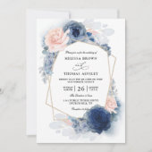 Navy Blue Floral Dusty Budget QR Code Wedding Einladung (Vorderseite)