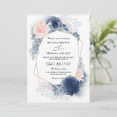 Navy Blue Floral Dusty Budget QR Code Wedding Einladung (Stehend Vorderseite)