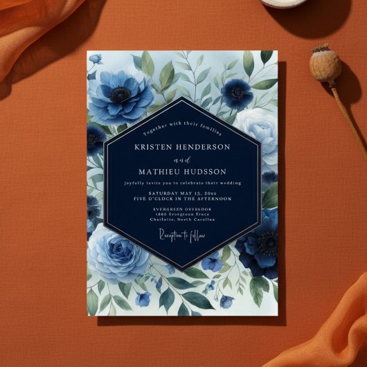 Navy Blue Floral Elegance Wedding Einladung