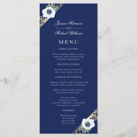 Navy Blue Floral Elegante Anemone Bouquet Wedding Menükarte (Vorderseite)