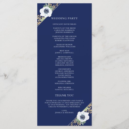 Navy Blue Floral Elegante Anemone Bouquet Wedding Programm (Rückseite)
