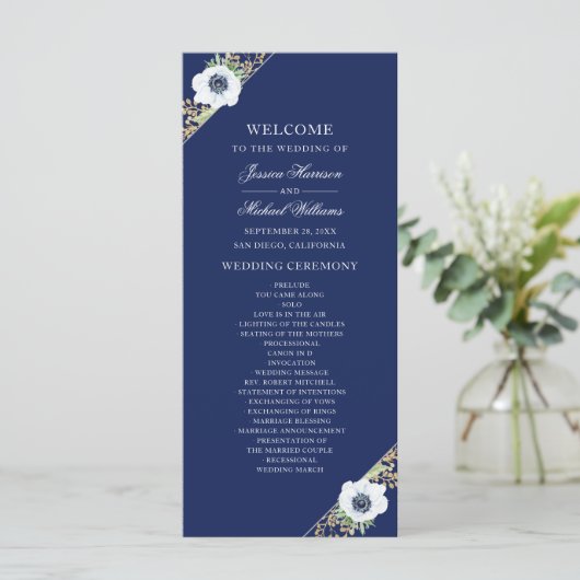 Navy Blue Floral Elegante Anemone Bouquet Wedding Programm (Stehend Vorderseite)