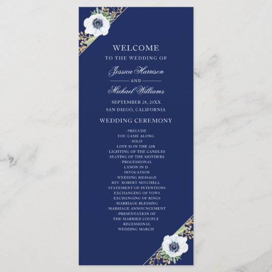 Navy Blue Floral Elegante Anemone Bouquet Wedding Programm (Vorderseite)