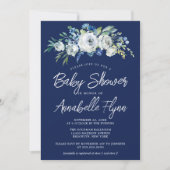 Navy Blue Floral Elegante Moderne Baby Dusche Einladung (Vorderseite)