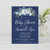 Navy Blue Floral Elegante Moderne Baby Dusche Einladung (Stehend Vorderseite)