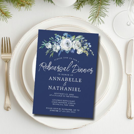 Navy Blue Floral Elegante Winter Probe Abendessen Einladung