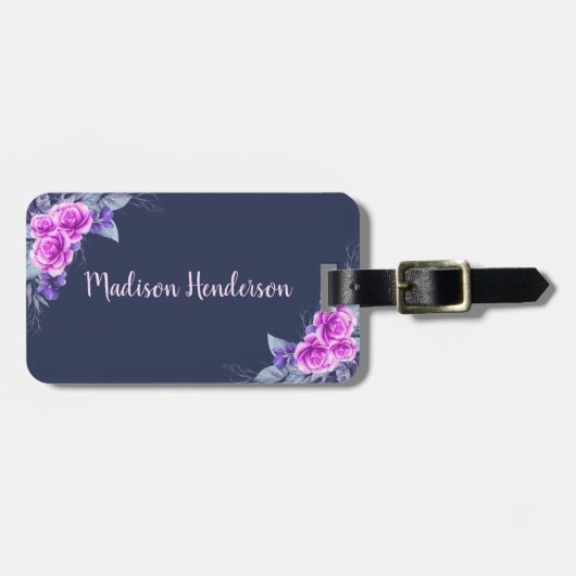 Navy Blue Floral Eleganter Individuelle Name Gepäckanhänger (Vorderseite horizontal)