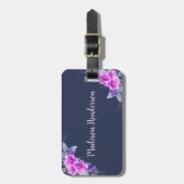 Navy Blue Floral Eleganter Individuelle Name Gepäckanhänger (Vorderseite vertikal)