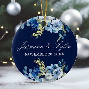 Navy Blue Floral Elegantes Custom Wedding Foto Keramik Ornament