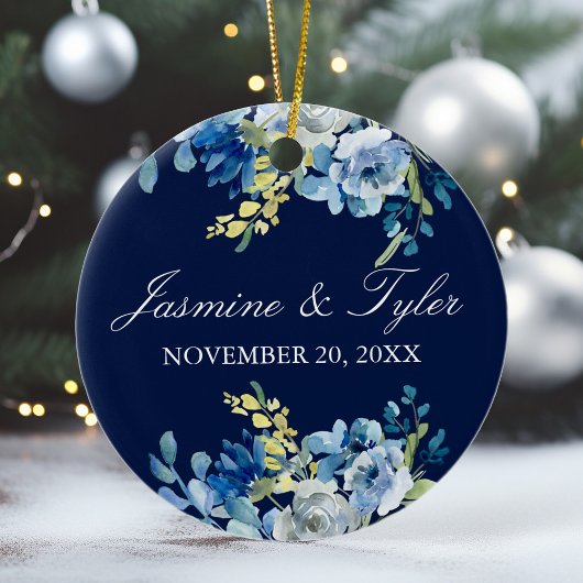 Navy Blue Floral Elegantes Custom Wedding Foto Keramik Ornament