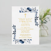 Navy Blue Floral First Heilige Kommunion Gold Folieneinladung (Stehend vorne)