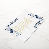 Navy Blue Floral First Heilige Kommunion Gold Folieneinladung (Gedreht)