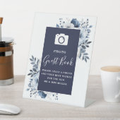 Navy Blue Floral Foto Gästebuch Hochzeit Sockelschild (In SItu)