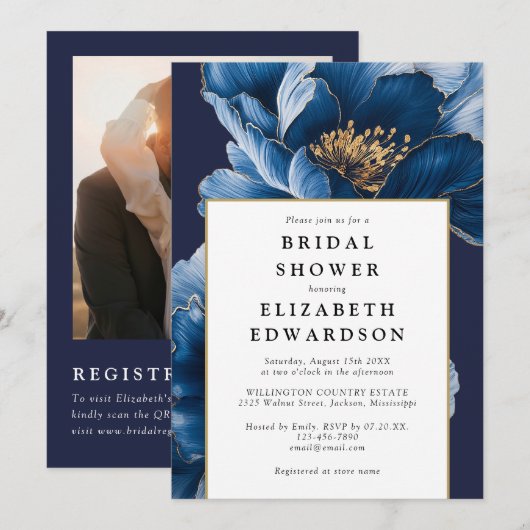 Navy Blue Floral Foto QR Code Brautparty Einladung (Vorne/Hinten)