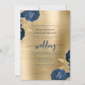 Navy Blue Floral Gold Brushed Metal Wedding Einladung (Vorderseite)