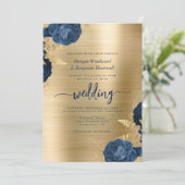 Navy Blue Floral Gold Brushed Metal Wedding Einladung (Stehend Vorderseite)