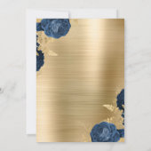 Navy Blue Floral Gold Brushed Metal Wedding Einladung (Rückseite)