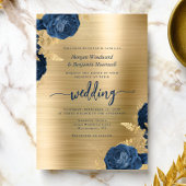 Navy Blue Floral Gold Brushed Metal Wedding Einladung