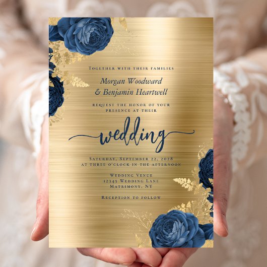 Navy Blue Floral Gold Brushed Metal Wedding Einladung